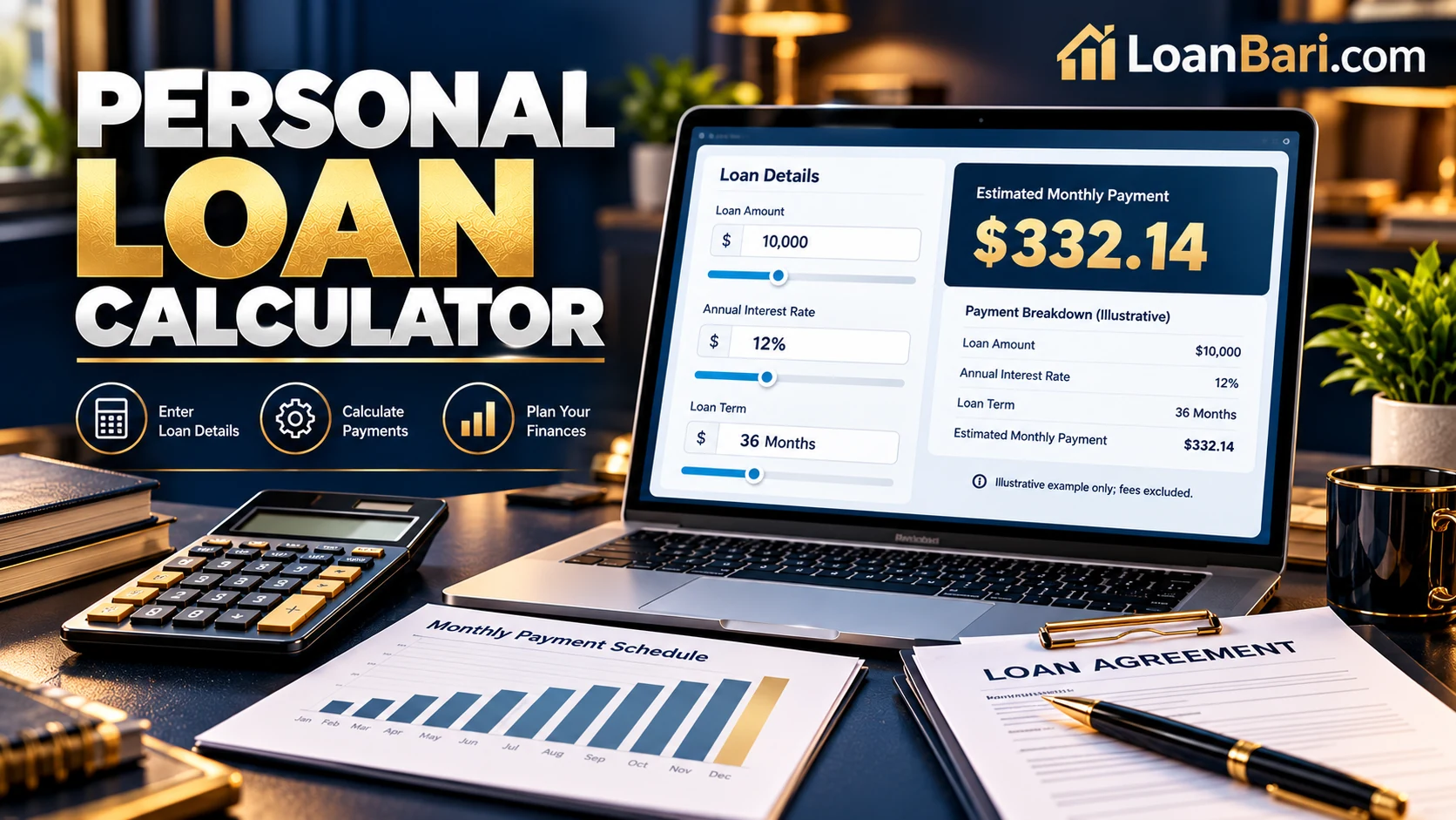 Personal loan calculator showing a $10,000 loan at 12% annual interest over 36 months, with an estimated monthly payment of $332.14.