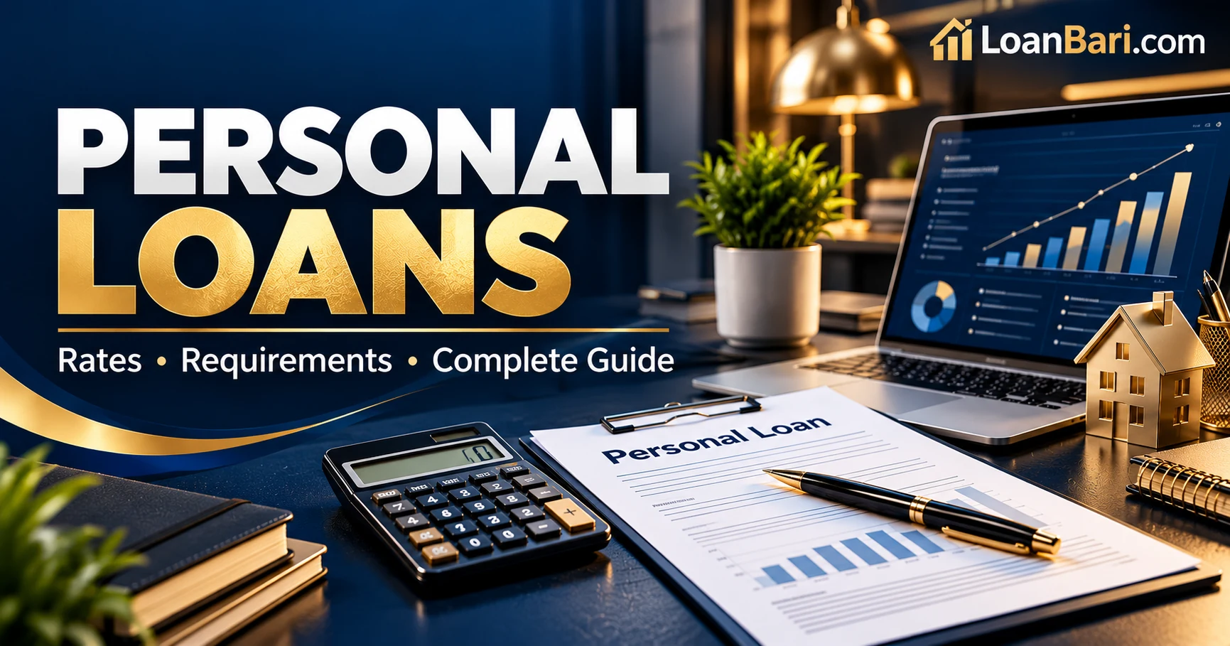 Personal loans guide covering interest rates, requirements and borrowing costs, with a calculator and loan documents.