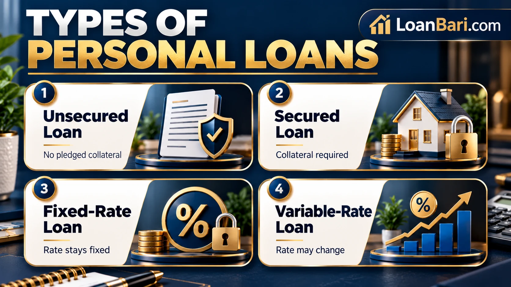 Types of personal loans infographic comparing unsecured, secured, fixed-rate and variable-rate loans.