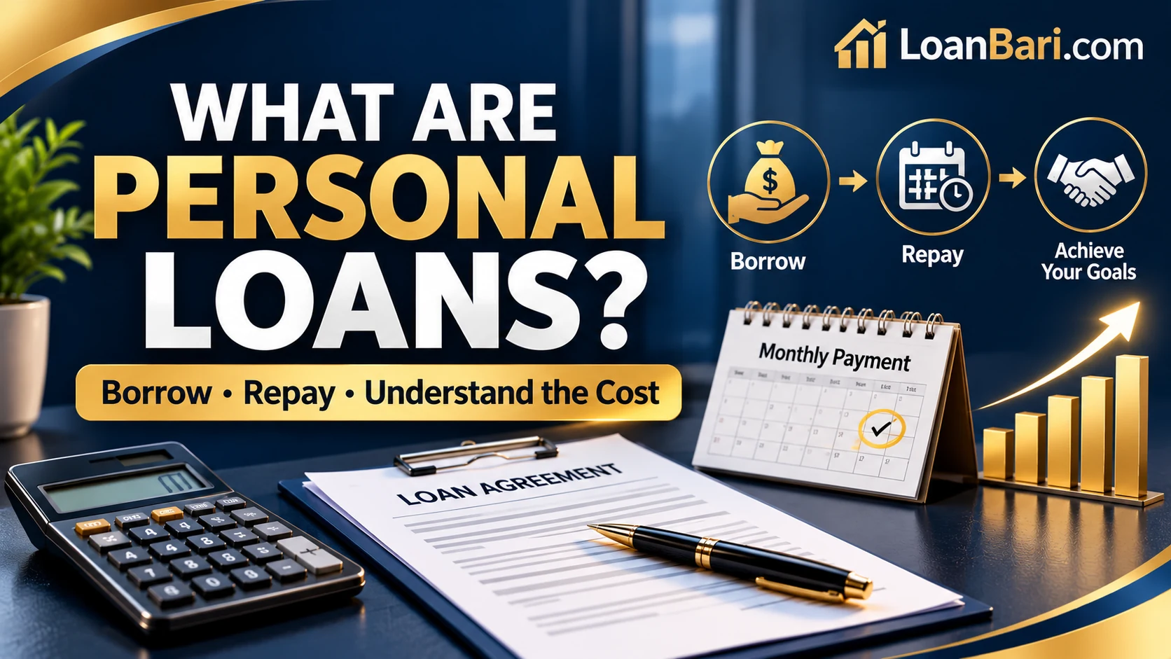 What are personal loans? Infographic explaining borrowing, monthly repayments, loan agreements and borrowing costs.